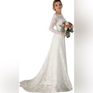 Women's Vintage Lace Mermaid Long Sleeves Wedding Gown White Size 16